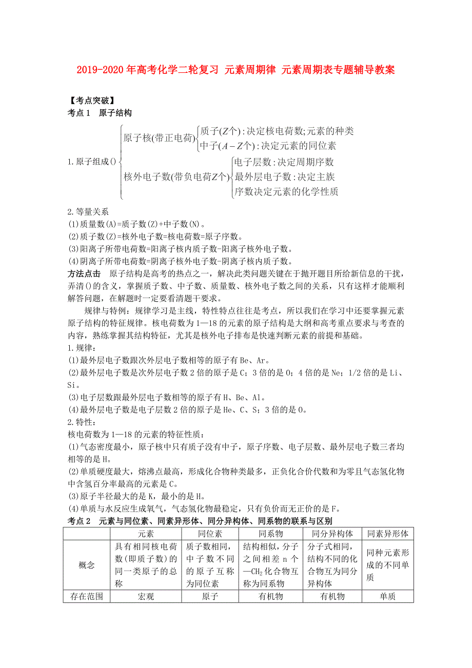 2019-2020年高考化学二轮复习 元素周期律 元素周期表专题辅导教案.doc_第1页