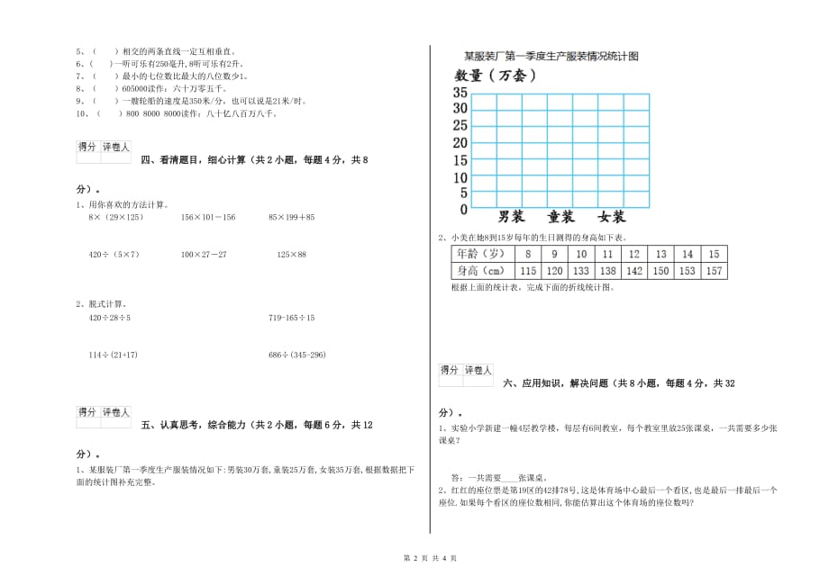 2019年四年级数学【上册】开学检测试卷 长春版（附答案）.doc_第2页