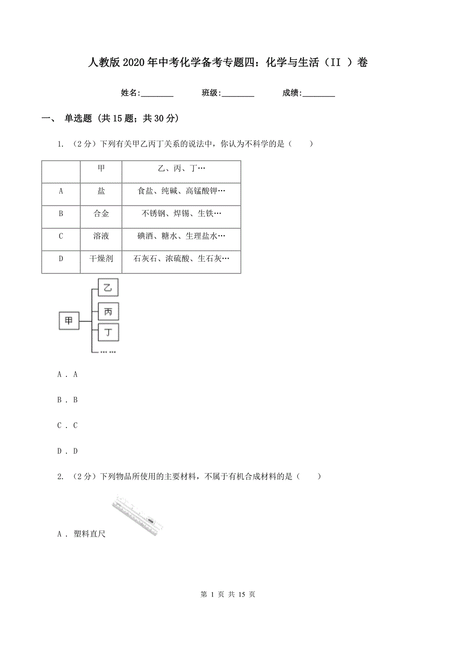 人教版2020年中考化学备考专题四：化学与生活（II ）卷.doc_第1页