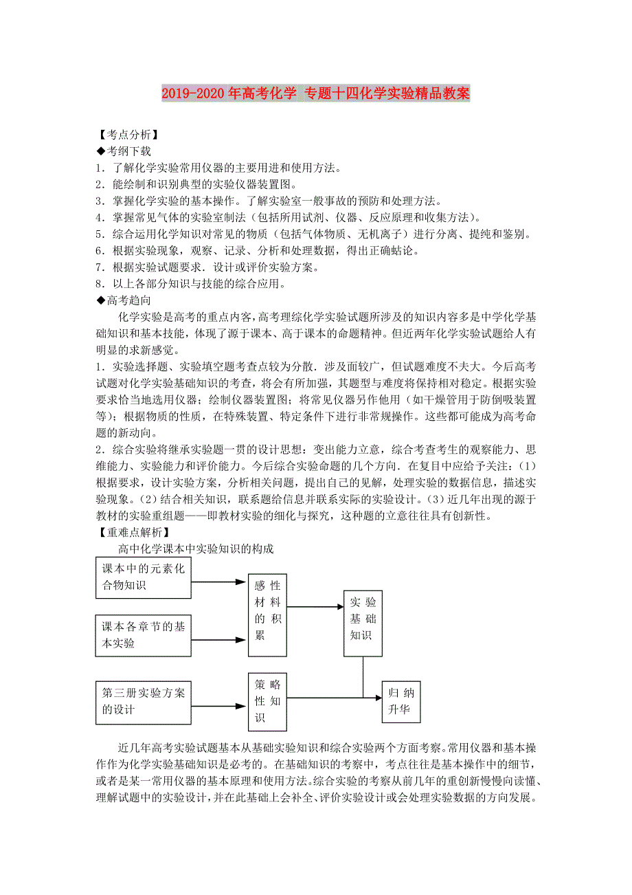 2019-2020年高考化学 专题十四化学实验精品教案.doc_第1页