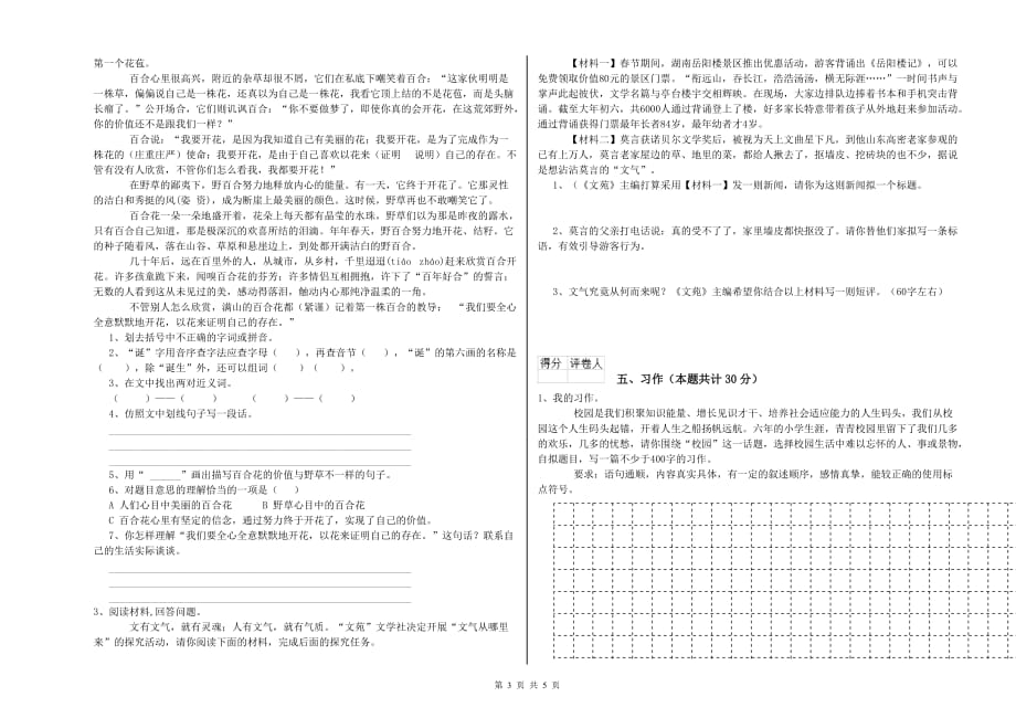 陕西省实验小学六年级语文【下册】月考试题 含答案.doc_第3页