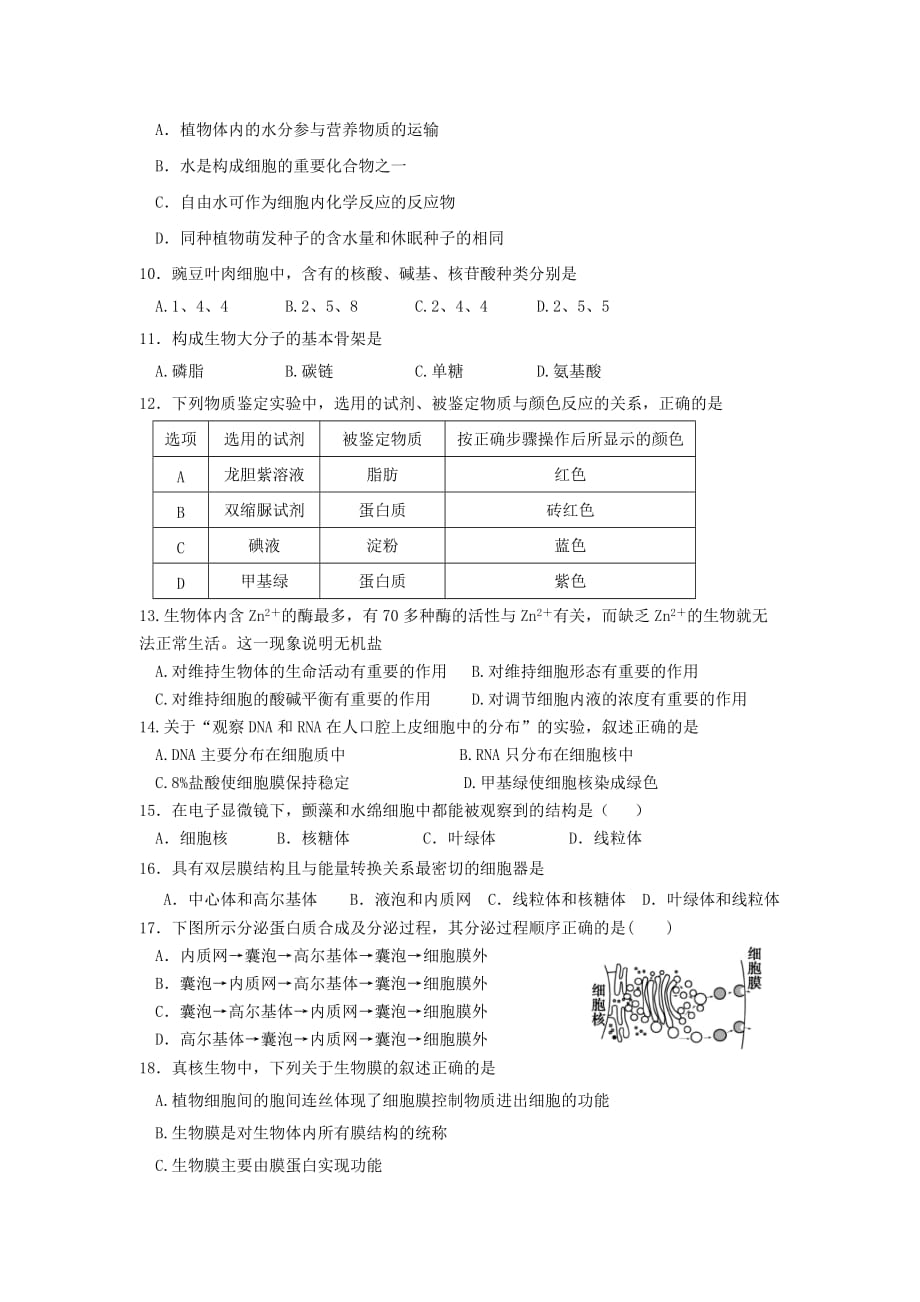 2019-2020年高一生物上学期期末质量检测试题（I）.doc_第2页