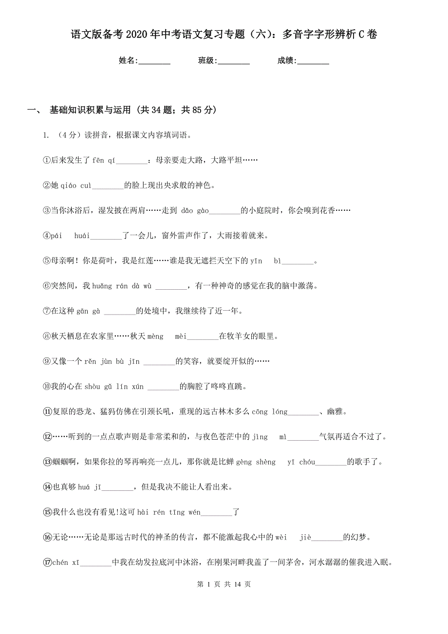 语文版备考2020年中考语文复习专题（六）：多音字字形辨析C卷.doc_第1页