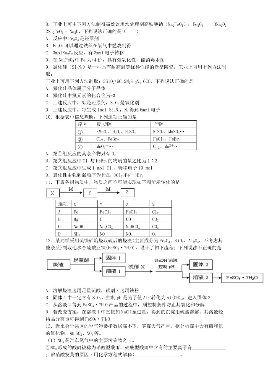 2019-2020年高三上学期化学期末复习自测题（六）含答案.doc_第2页