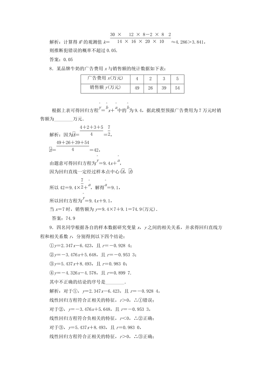 2019年高考数学一轮复习 第十八单元 统计与统计案例 高考达标检测（五十二）变量间的相关关系、统计案例 理.doc_第4页