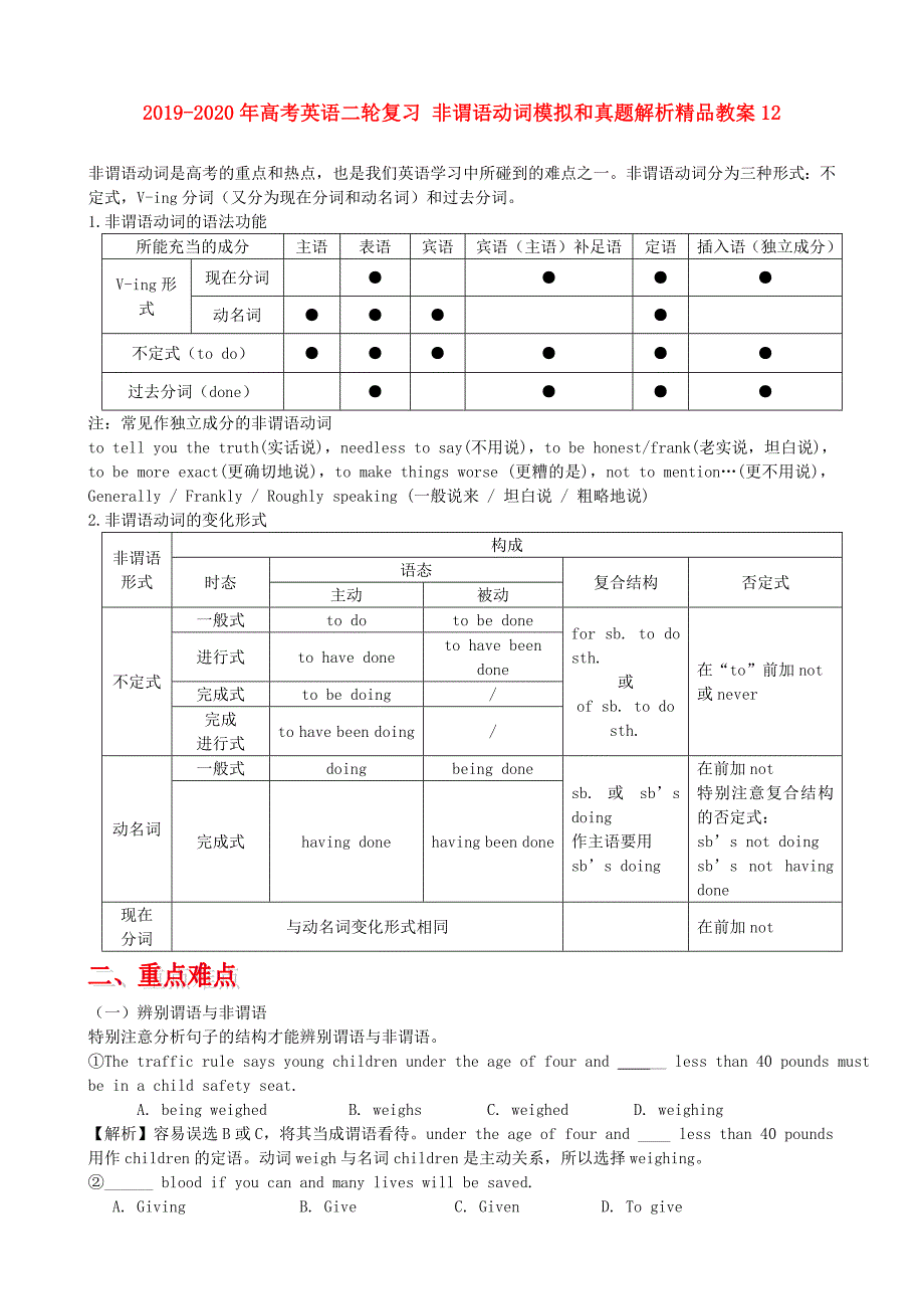 2019-2020年高考英语二轮复习 非谓语动词模拟和真题解析精品教案12.doc_第1页