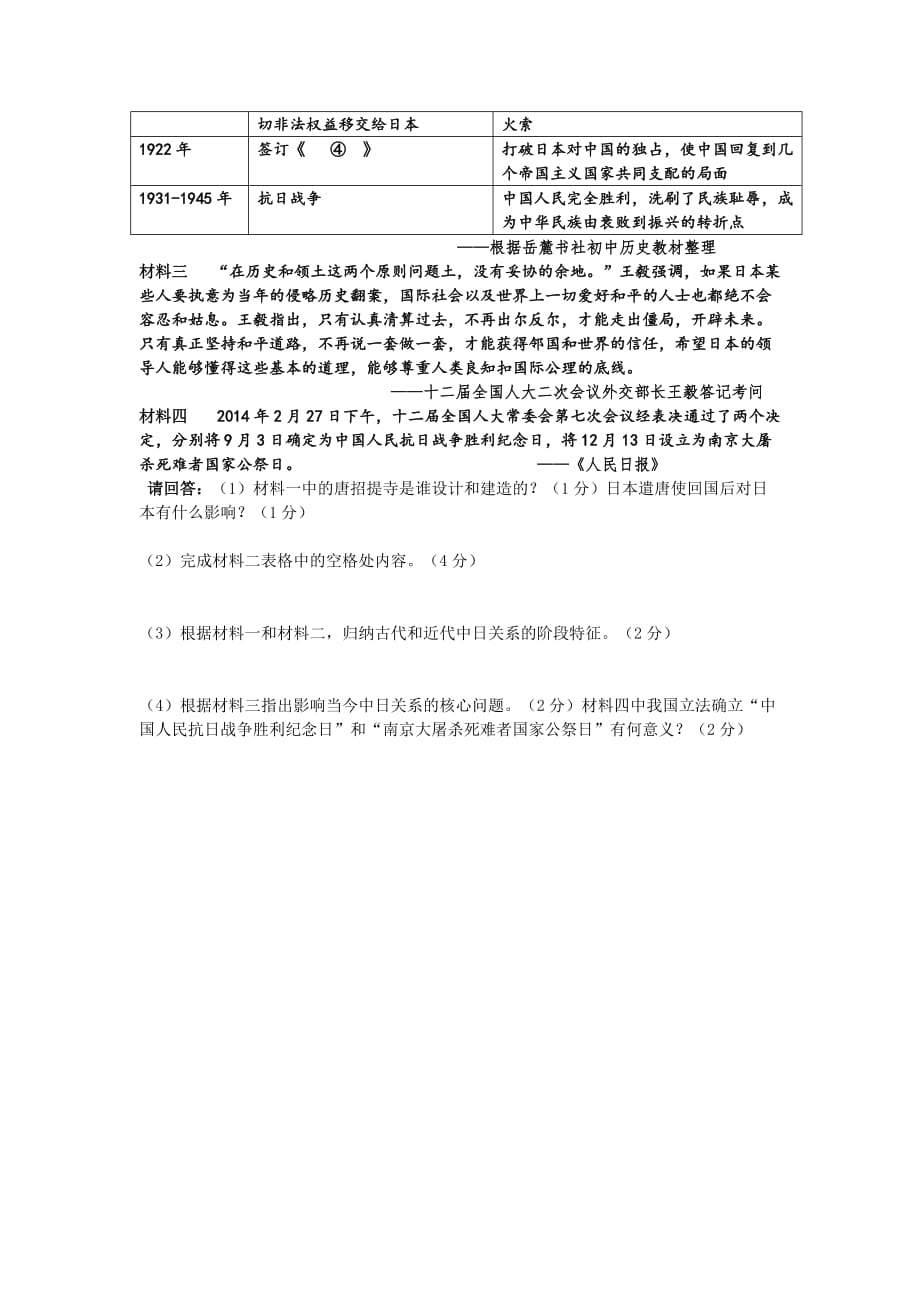 2019-2020年九年级第一次模拟考试历史试题（I）.doc_第4页