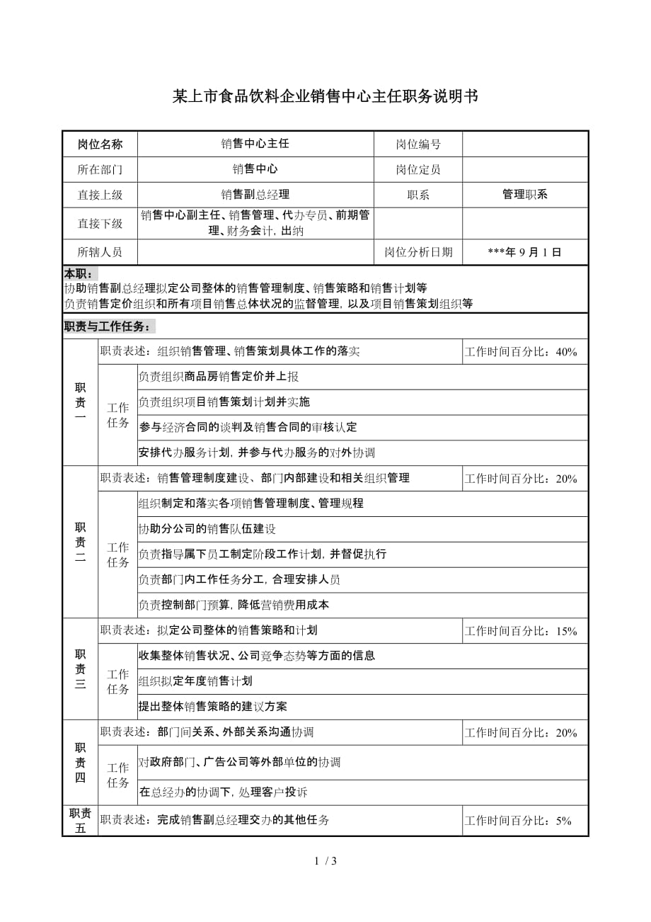 食品饮料企业销售中心主任职务说明书_第1页