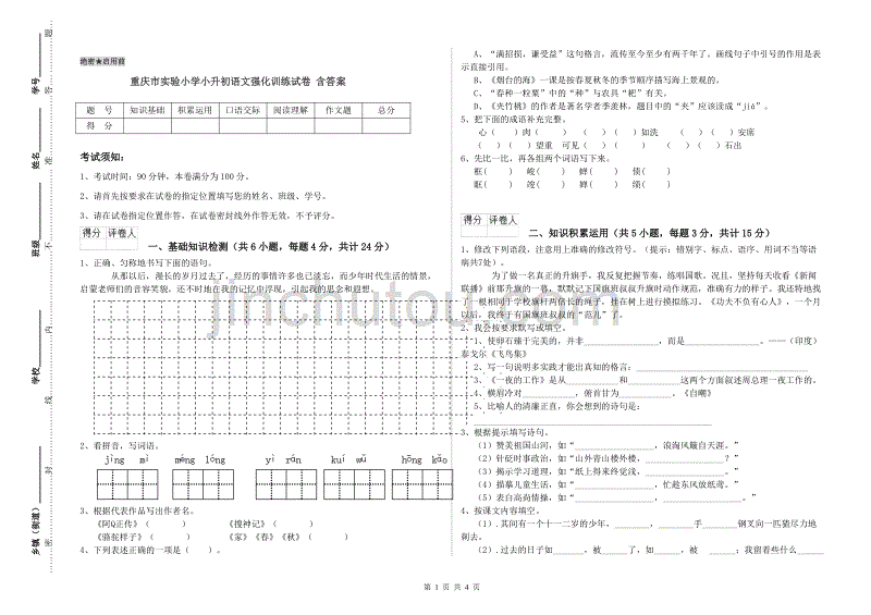 重庆市实验小学小升初语文强化训练试卷 含答案.doc_第1页