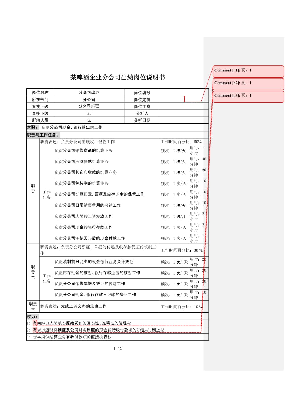 啤酒企业营销分公司出纳岗位说明书_第1页