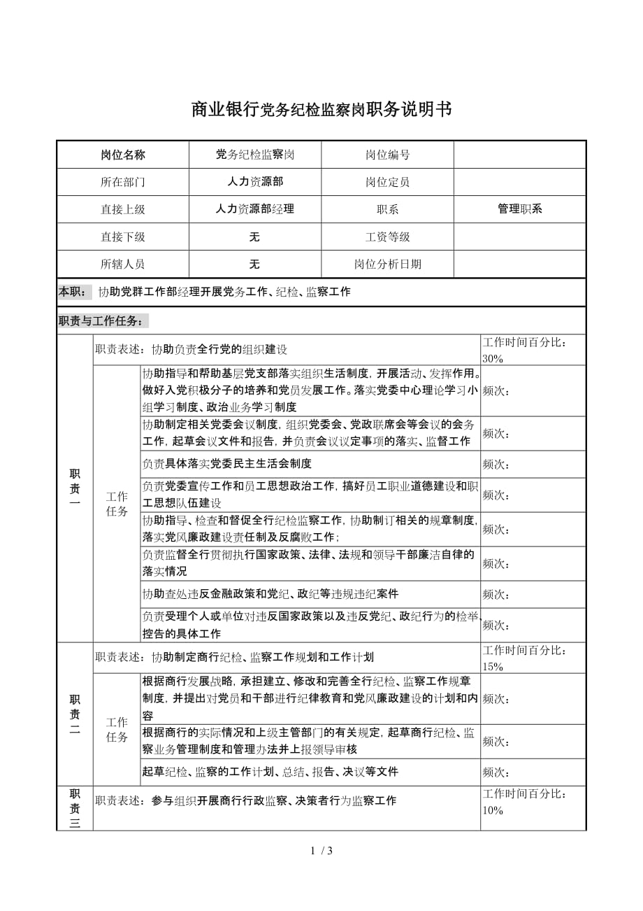 商业银行党务纪检监察岗职务说明书_第1页