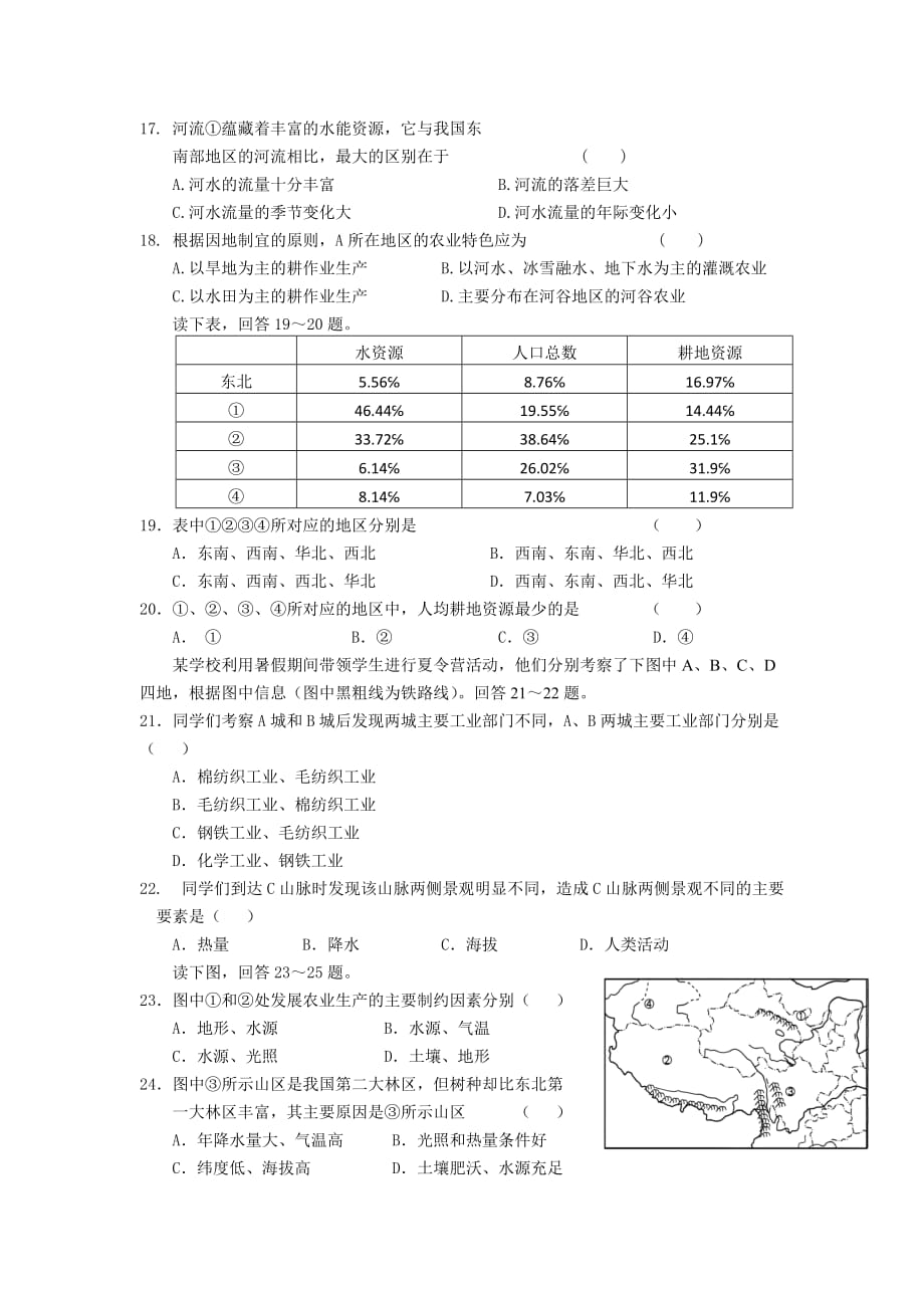 2019-2020年高二下学期第7学段模块考试地理考题（中国地理、自然灾害） 含答案.doc_第4页