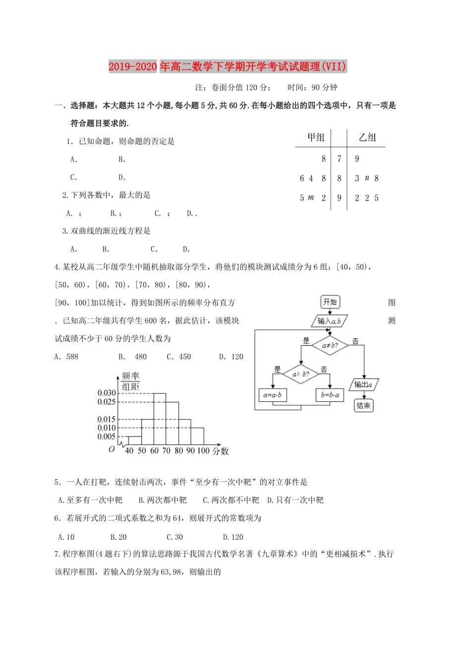 2019-2020年高二数学下学期开学考试试题理（VII）.doc_第1页