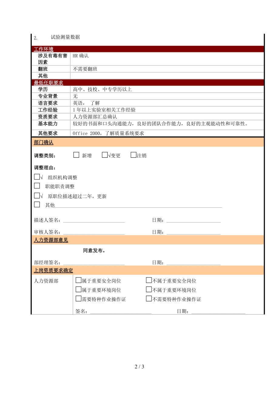 大型电子公司质量部试验操作工职位说明书_第2页