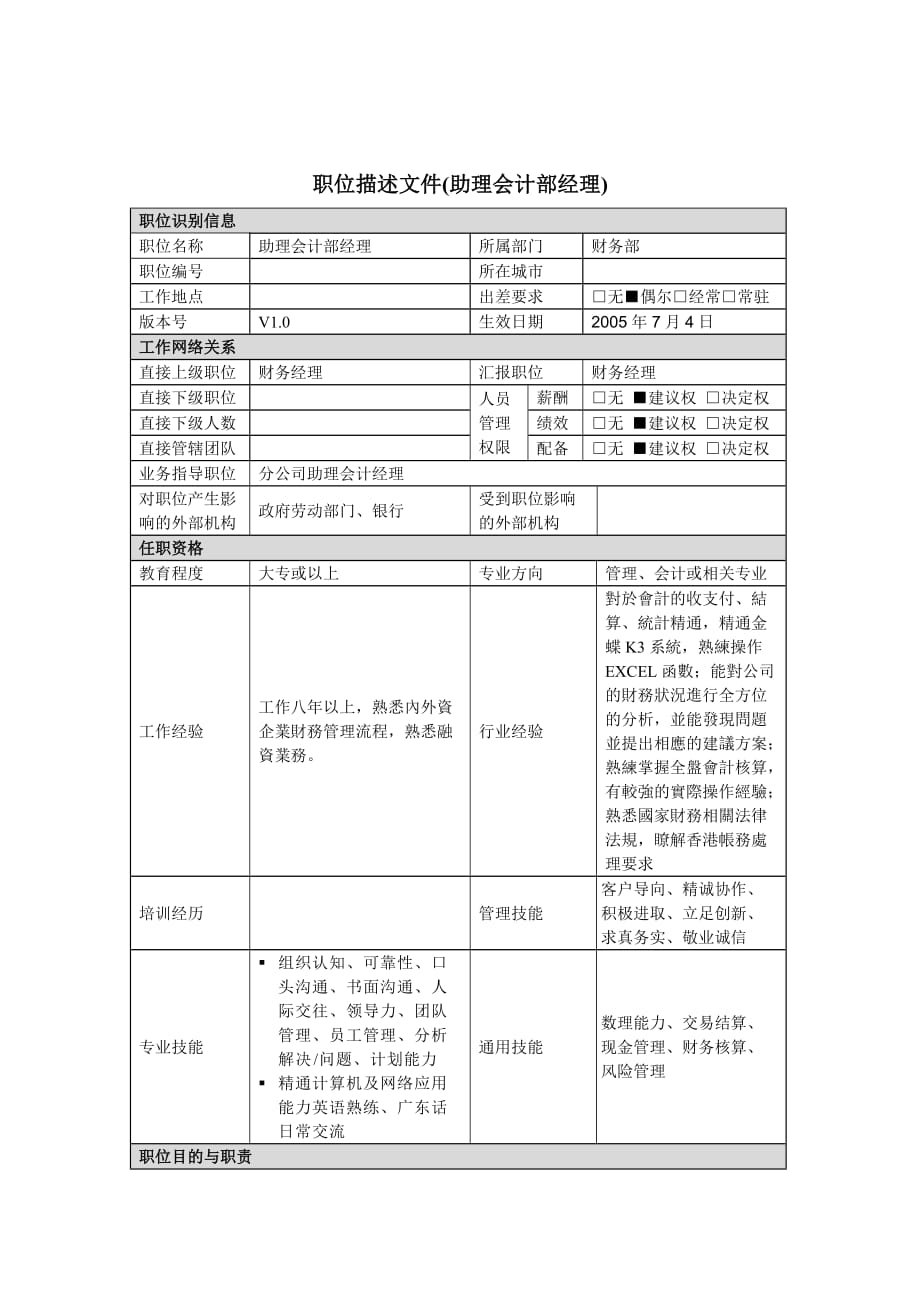 July 4-助理会计部经理岗位说明书_第1页