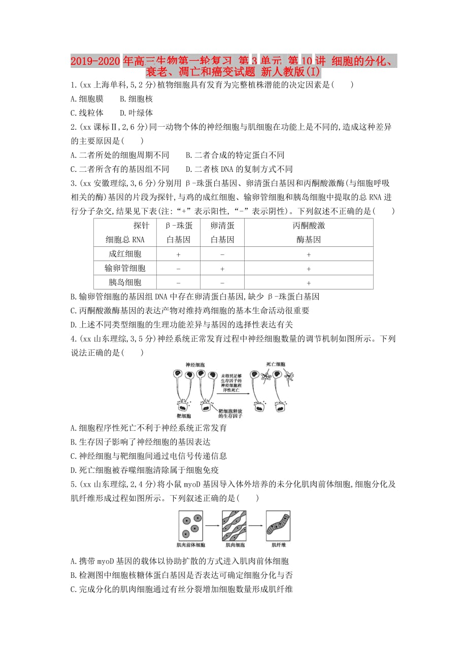 2019-2020年高三生物第一轮复习 第3单元 第10讲 细胞的分化、衰老、凋亡和癌变试题 新人教版（I）.doc_第1页