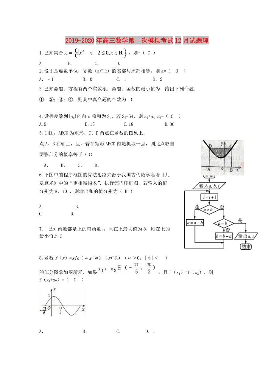 2019-2020年高三数学第一次模拟考试12月试题理.doc_第1页