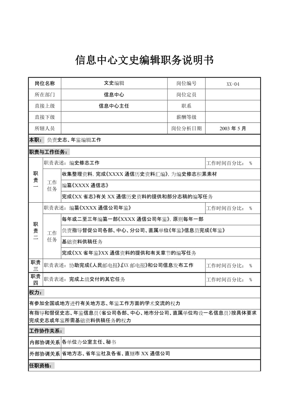 通信行业-信息中心-文史编辑岗位说明书_第1页