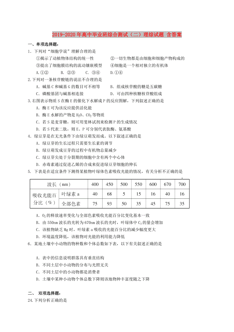 2019-2020年高中毕业班综合测试（二）理综试题 含答案.doc_第1页