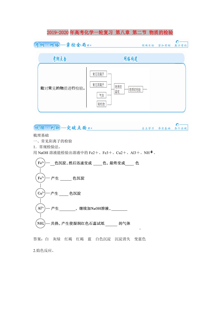 2019-2020年高考化学一轮复习 第八章 第二节 物质的检验.doc_第1页