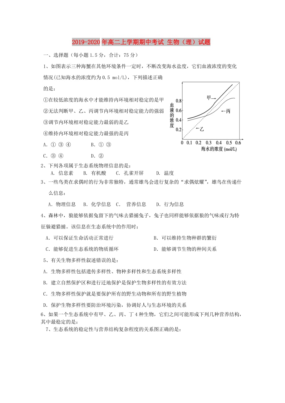 2019-2020年高二上学期期中考试 生物（理）试题.doc_第1页