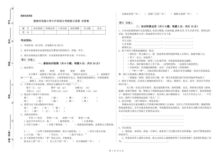 陇南市实验小学小升初语文考前练习试卷 含答案.doc_第1页