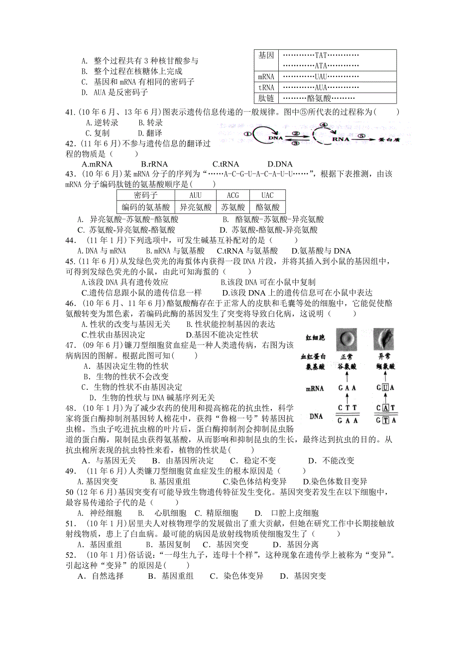 2019-2020年高二上学期文科生物期末复习试题（必修2）缺答案.doc_第4页