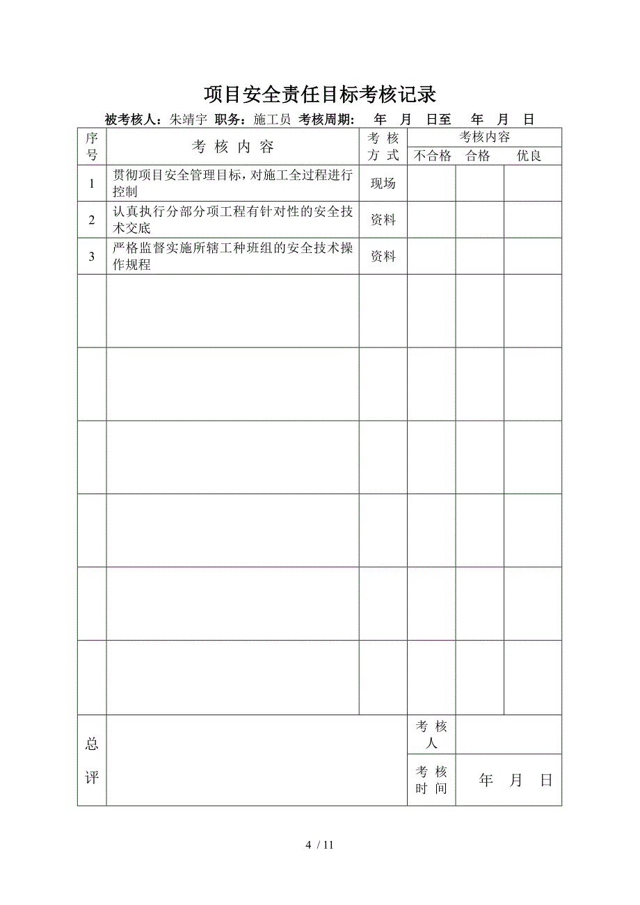 项目安全责任目标考核记录_第4页