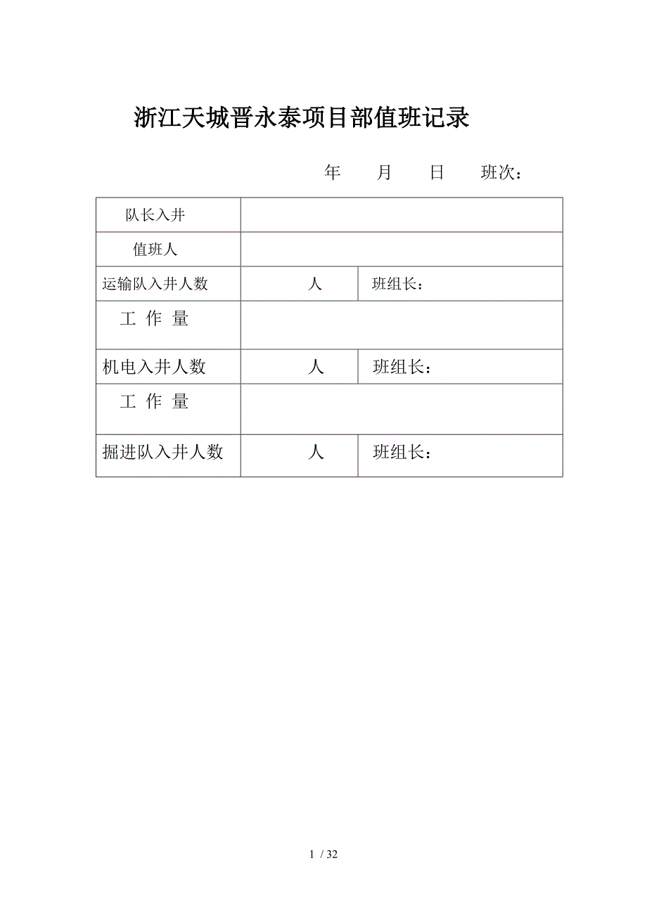 浙江天城晋永泰项目部值班记录_第1页