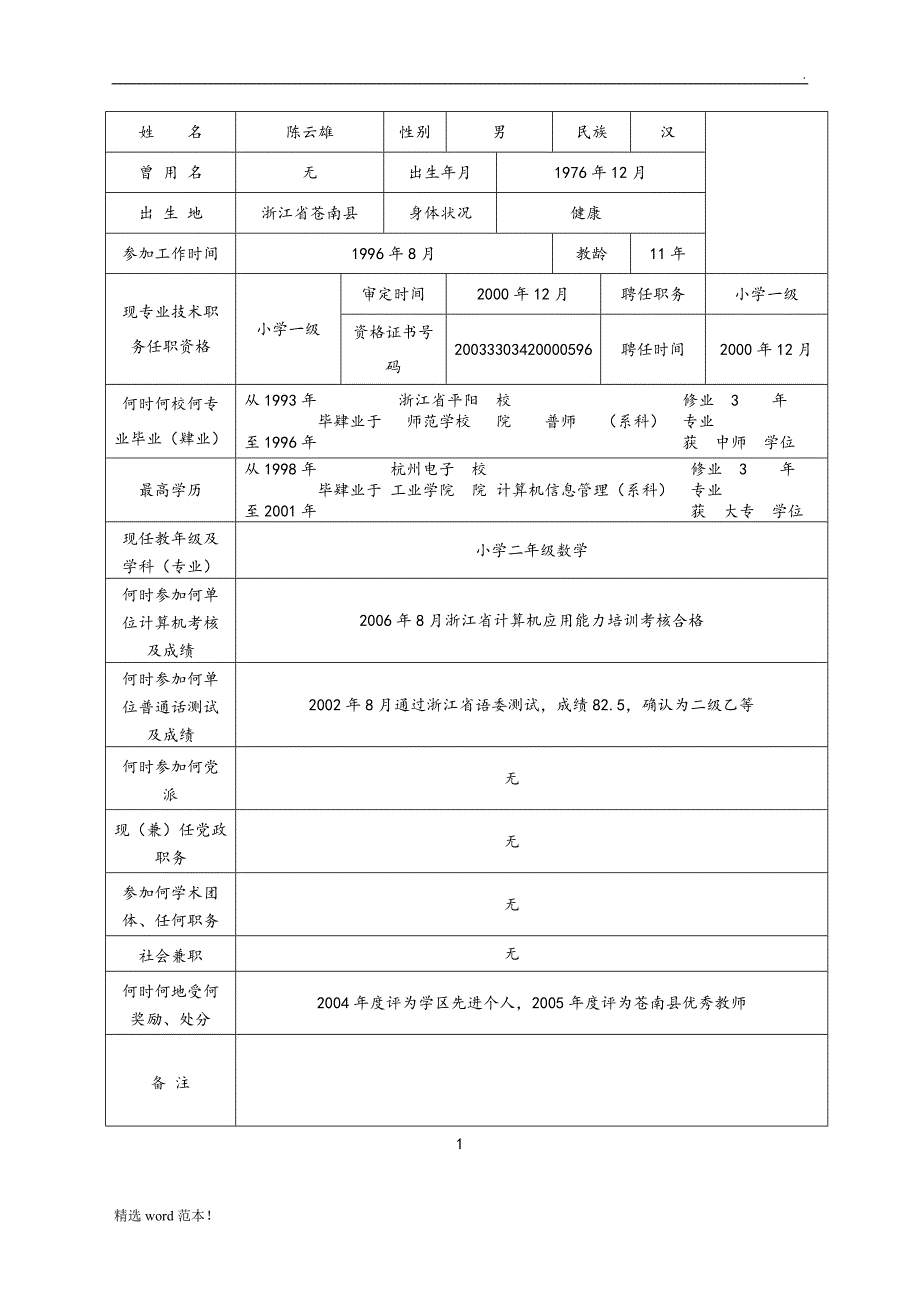 中小学教师职务任职资格评审表(已填)9.doc_第2页