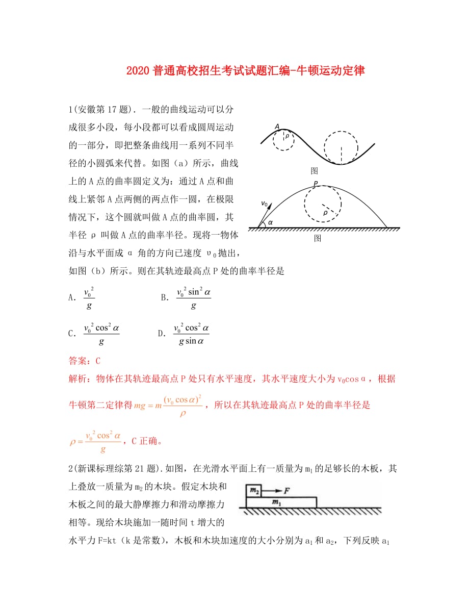 2020年高考物理试题分类汇编 牛顿运动定律_第1页