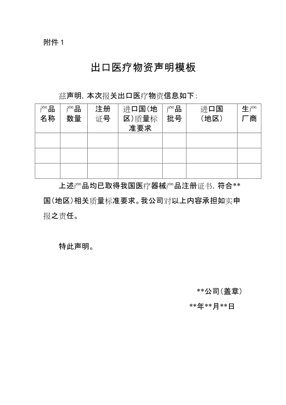 出口医疗物资声明模版_第1页