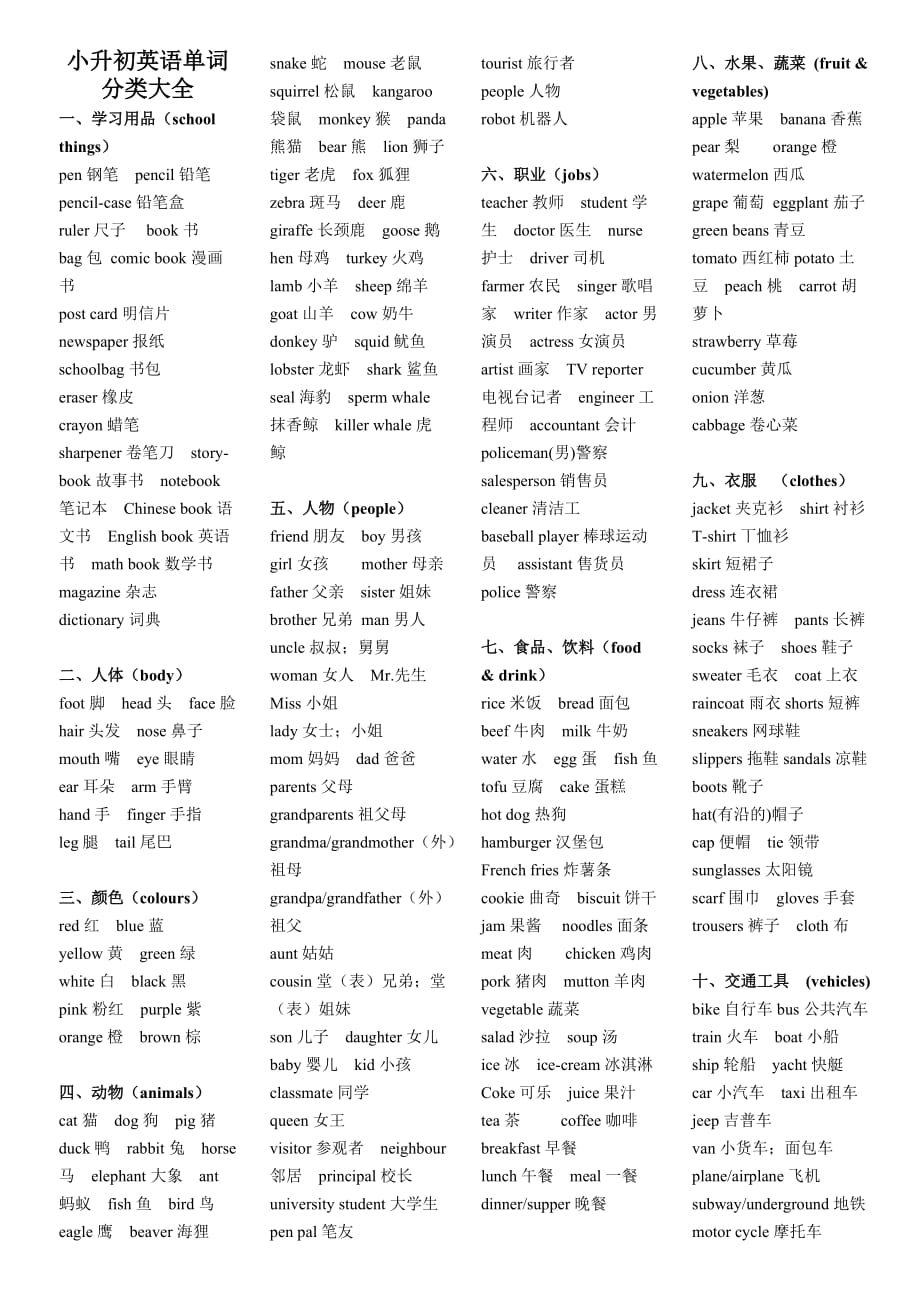 PEP人教版小学(小升初)英语单词归类汇总大全(精心整理-可直接打印)_第1页