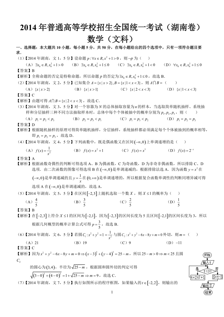 2014年高考湖南文科数学试题及答案(word解析版)_第1页