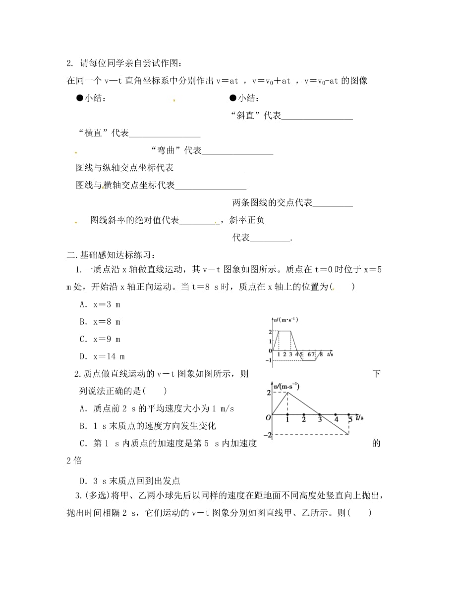 四川省高中物理 第一章 运动的描述 小专题（二）：匀变速直线运动的图像问题（第1课时）导学案（无答案）教科版必修1（通用）_第2页