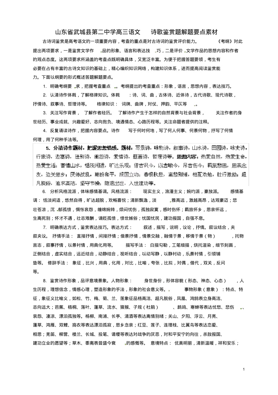 山东省武城县第二中学高三语文诗歌鉴赏题解题要点素材.pdf_第1页