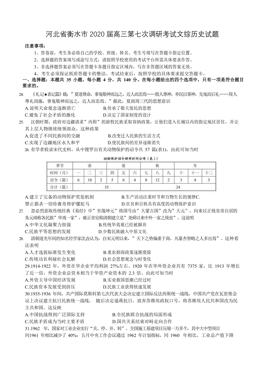 河北省衡水市2020届高三第七次调研考试文综历史试题（word版）_第1页