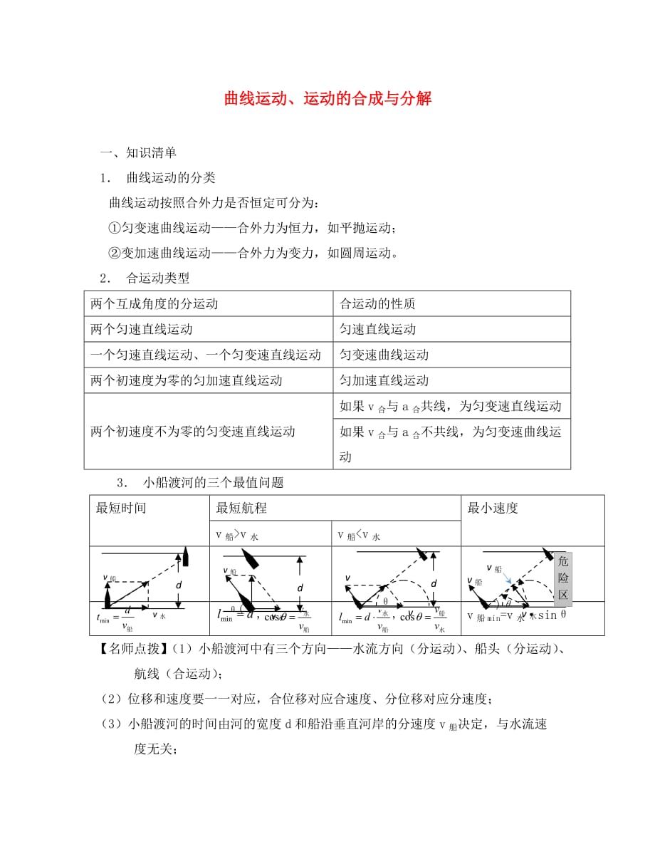 安徽省高考物理一轮复习 第四章 第1讲 曲线运动、运动的合成与分解教案（通用）_第1页