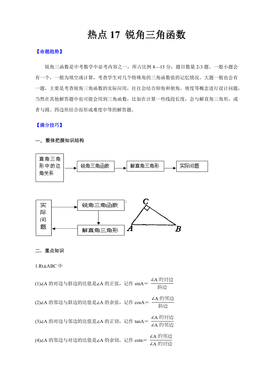 中考数学热点专练17 锐角三角函数（解析版）_第1页