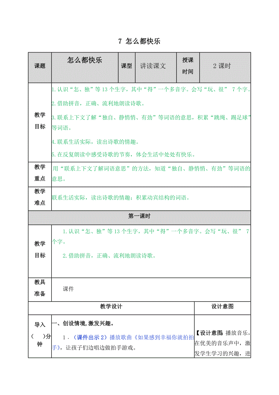 部编人教版一年级语文下册《7 怎么都快乐》教案含教学反思和作业设计_第1页