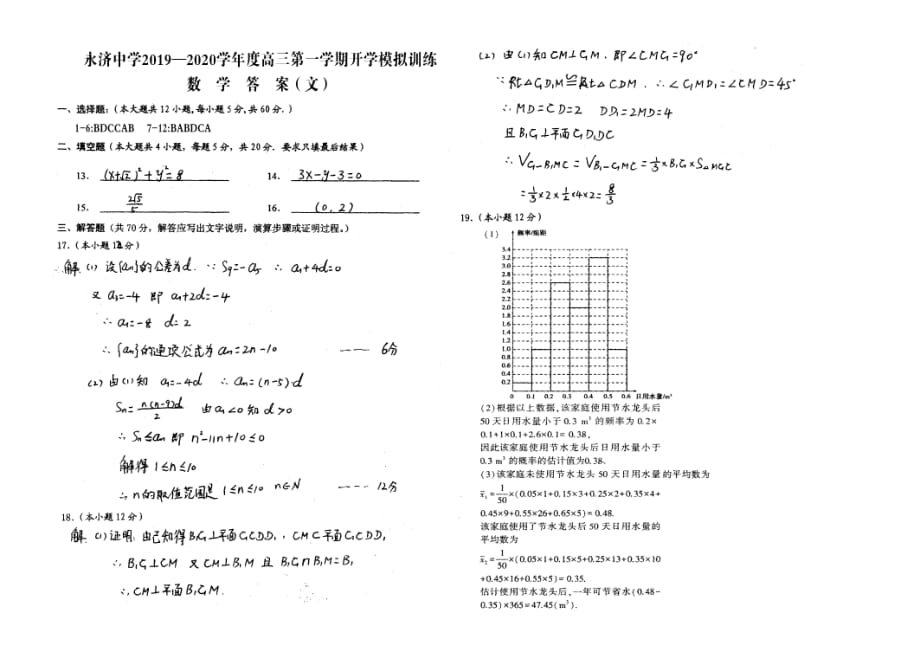 山西永济中学高三上学期开学模拟训练数学文答案PDF.pdf_第1页