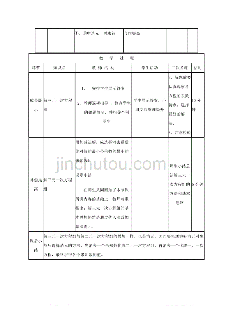 初中数学七年级下册第八章二元一次方程组8.4三元一次方程组的解法教案_第3页