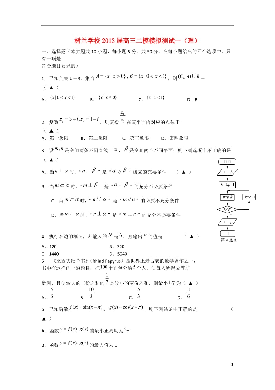 浙江杭州高三数学二模模拟测试 理无答案新人教A.doc_第1页