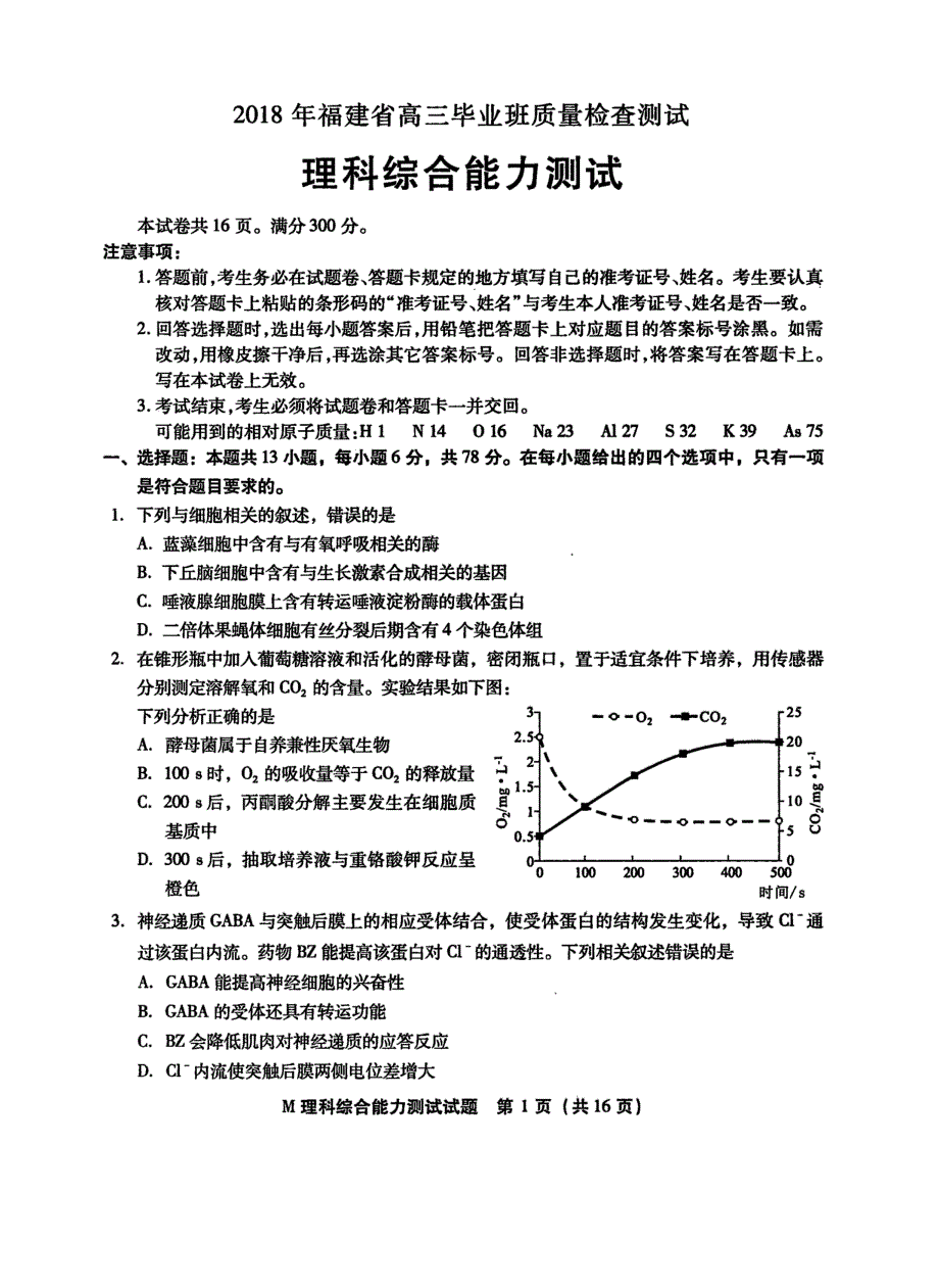 2018年福建省高三毕业班质量检查测试理综_第1页