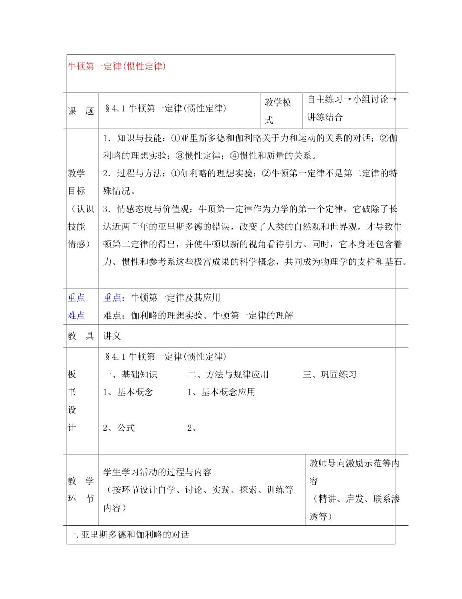 高中物理 第四章 4.1牛顿第一定律（惯性定律）教案 新人教版必修1_第1页