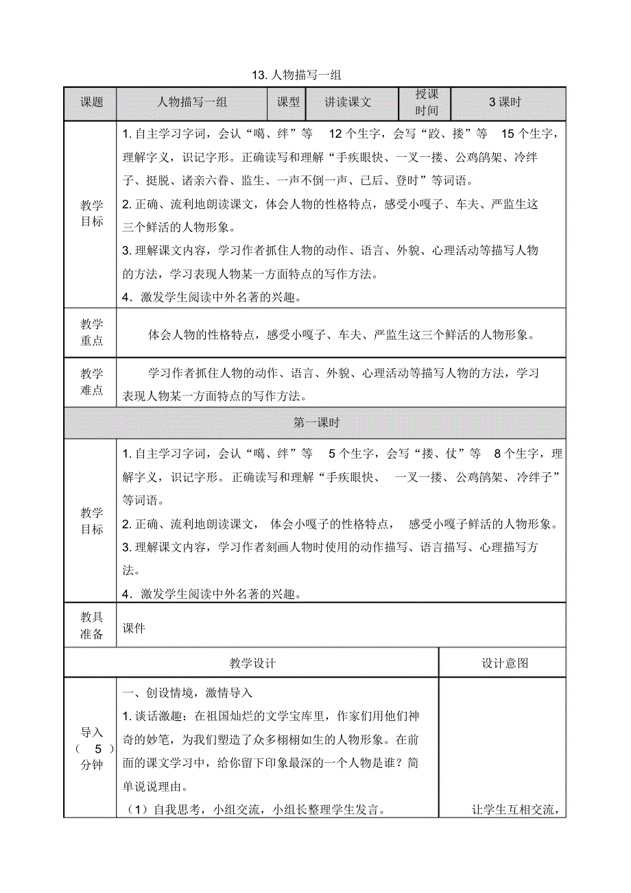 最新部编版五年级语文下册教案(完美)13人物描写一组._第1页