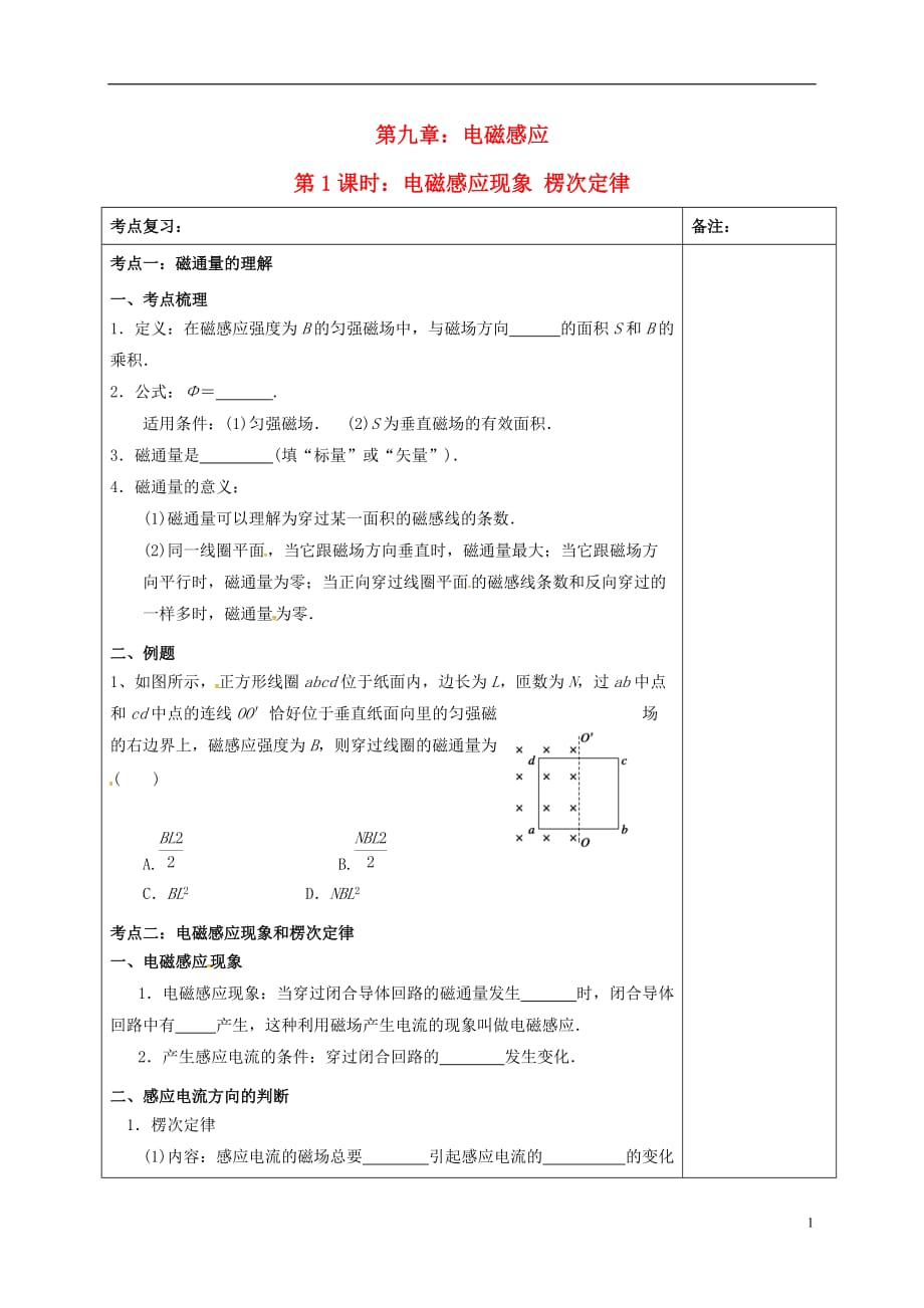 江苏江丹徒高级中学高三物理一轮复习第九章电磁感应第1课时电磁感应现象楞次定律学案1.doc_第1页