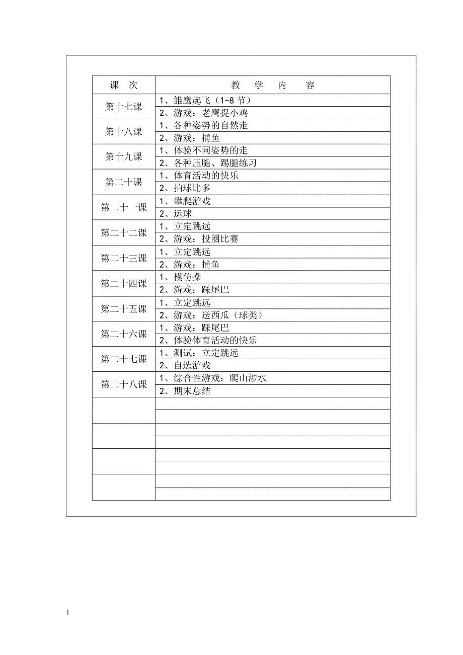 小学一年级体育上册教案表格式知识课件_第2页