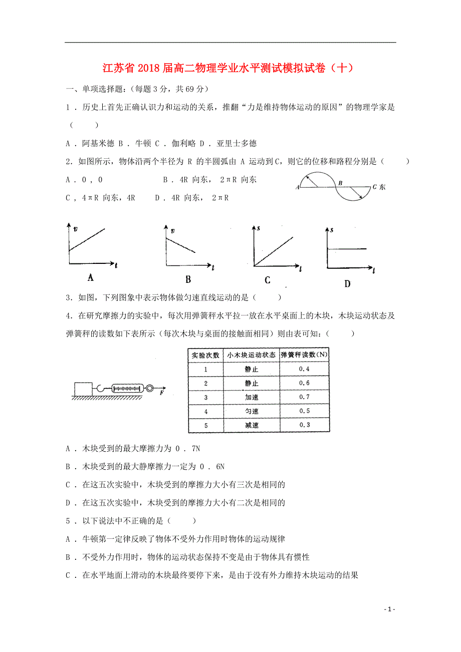 江苏高二物理学业水平测试模拟十1.doc_第1页