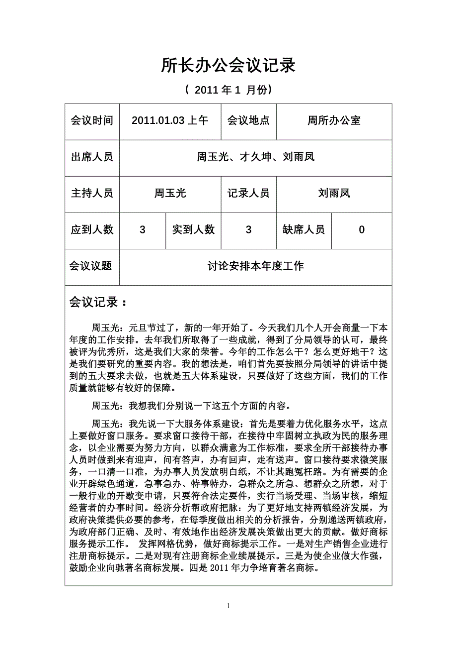 （会议管理）工商所长办公会议记录_第1页